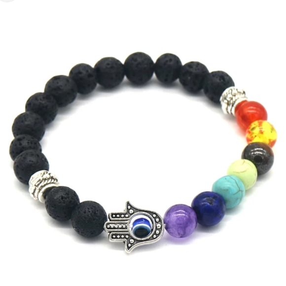 Genuine Chakra Healing Natural Stone Bead Evil Eye Hamsa Bracelet - Picture 1 of 5